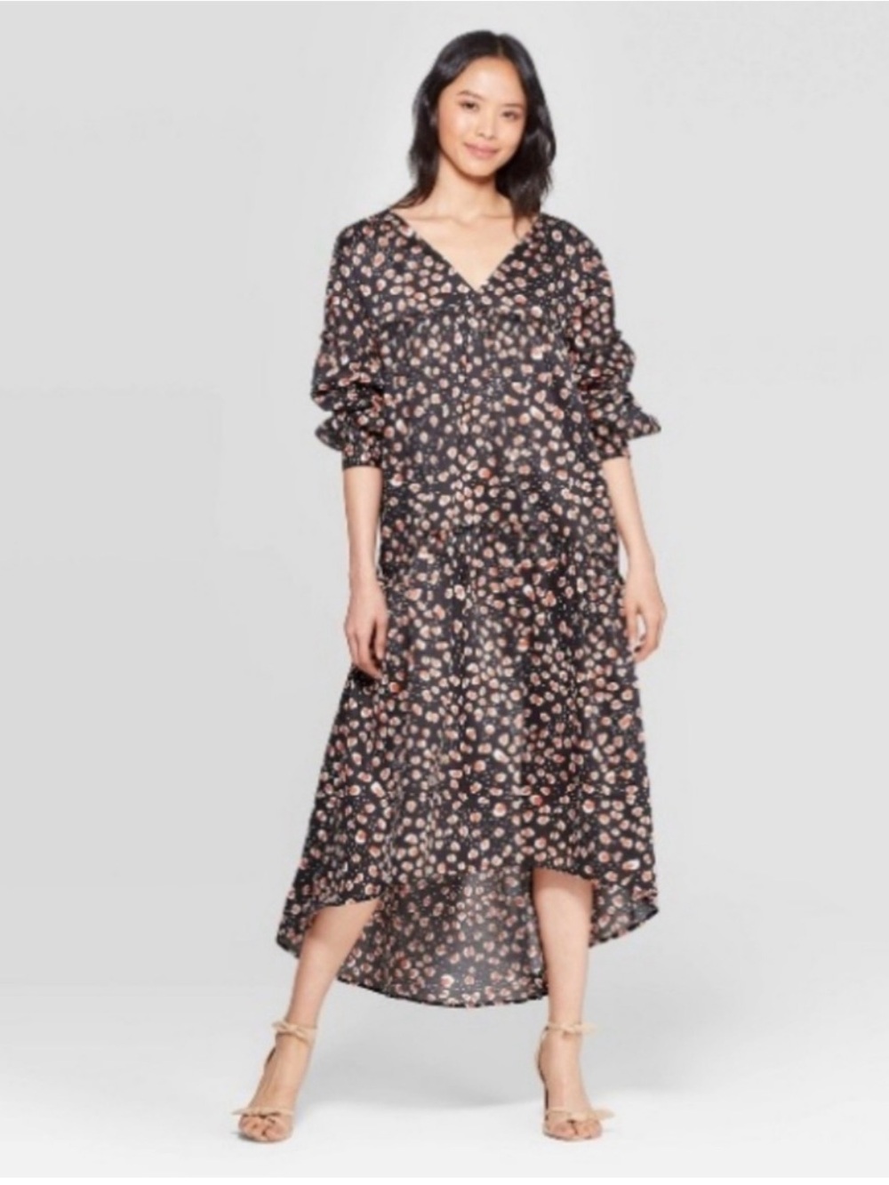 Who What Wear Black High-Low Floral Tiered Midi Dress Size XL